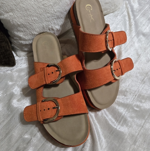 Shoes - Orange Double Strap Sandals with Buckles By Cato Size 8 EUC.